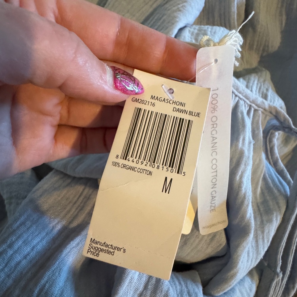 NWT Magaschoni Gauze Dress Medium Dawn Blue Organic Cotton Tiered - Picture 8 of 11